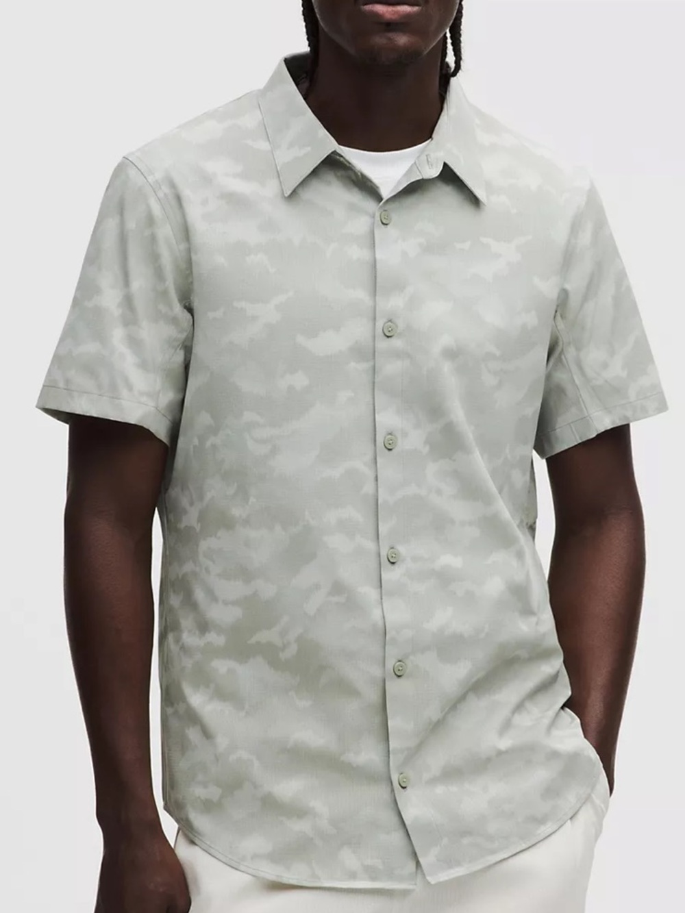 Lululemon Airing Easy Short Sleeve Button Up Shirt Mens Sz S Fog Green NWT*S8